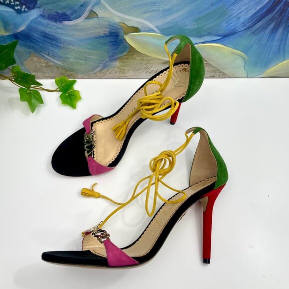 Charlotte Olympia Lets Dance Suede Heeled Sandals in Black Multi Size 36.5 - Picture 4 of 14